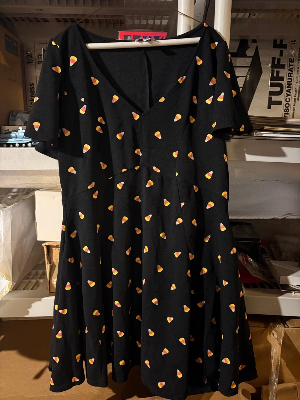 Unique Vintage Black Candy Corn Print V-Neck Fit & Flare Dress